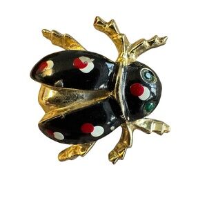 Gold-tone Black Ladybug Brooch with Red & White Spots, Vintage, Small-about 1 in